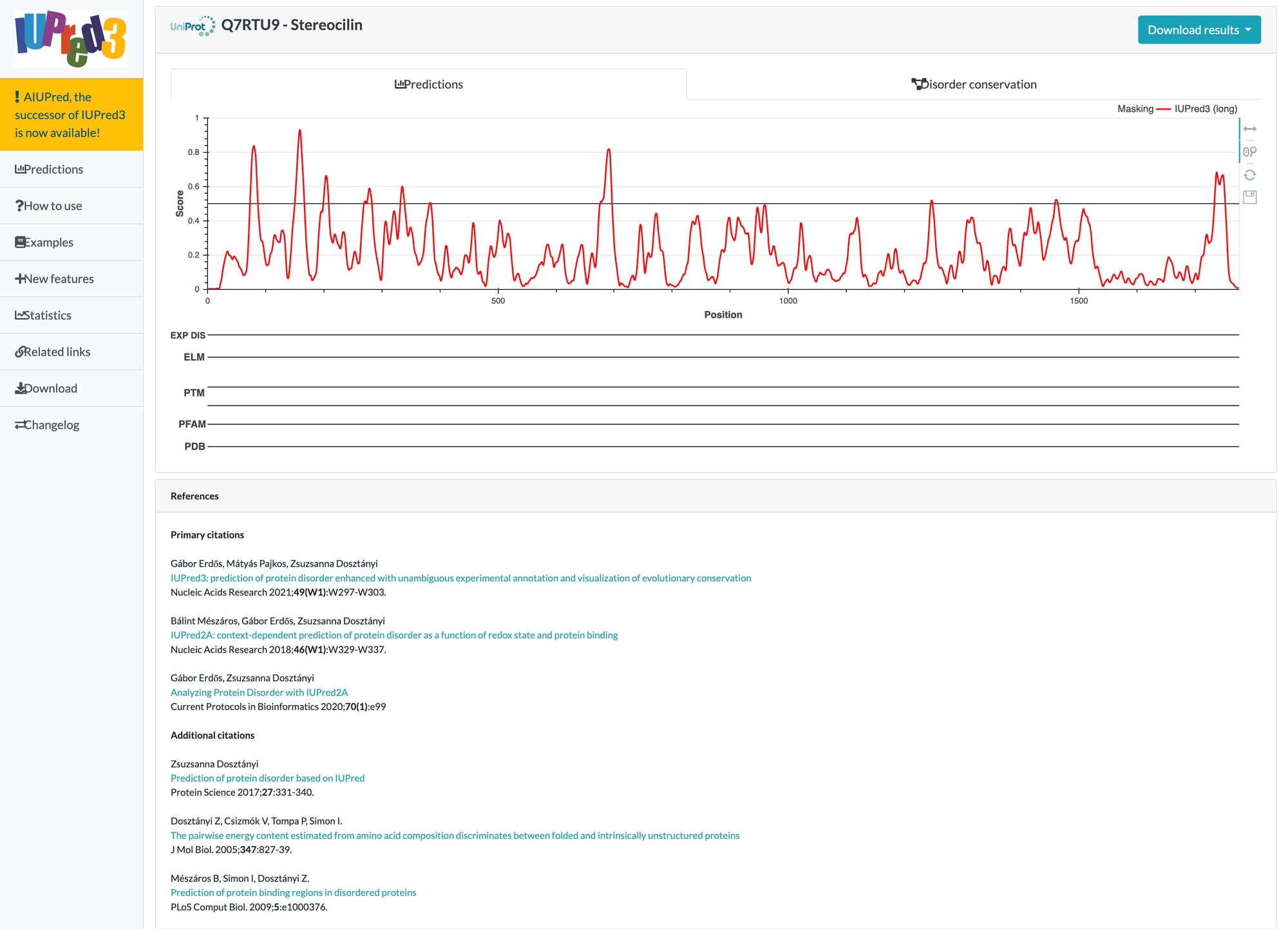 IUPred3 disorder prediction for full STRC (Q7RTU9, 1775 residues) showing N-terminal disorder and ordered C-terminal